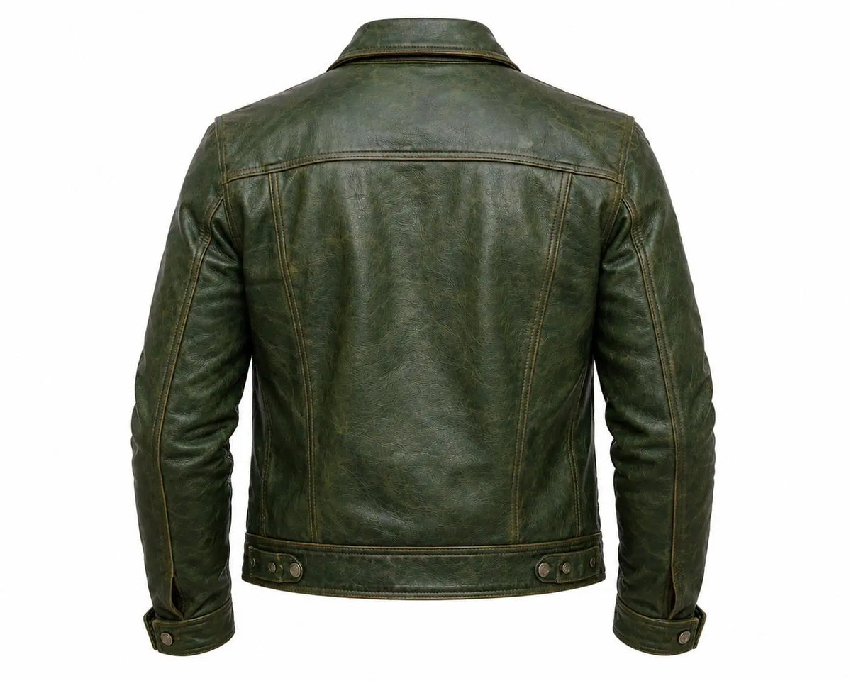 Handmade Men's Vintage Green Leather Trucker Jacket, Genuine Sheepskin Biker Style Coat