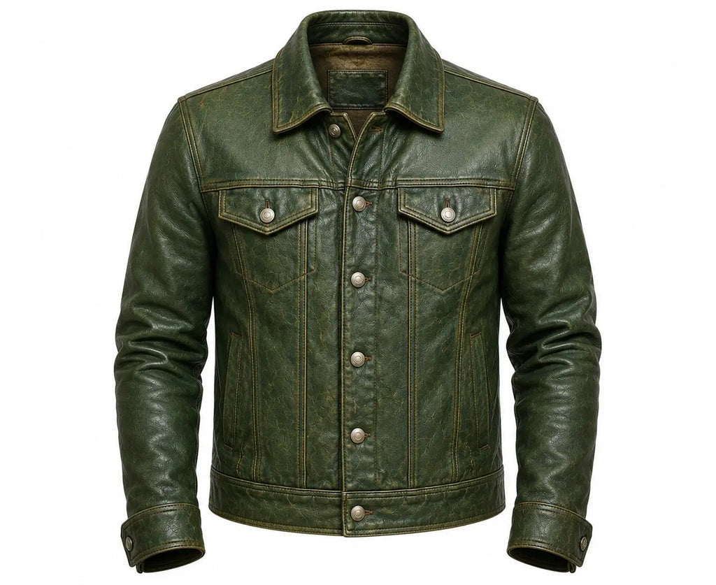 Handmade Men's Vintage Green Leather Trucker Jacket, Genuine Sheepskin Biker Style Coat