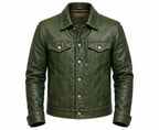 Handmade Men's Vintage Green Leather Trucker Jacket, Genuine Sheepskin Biker Style Coat