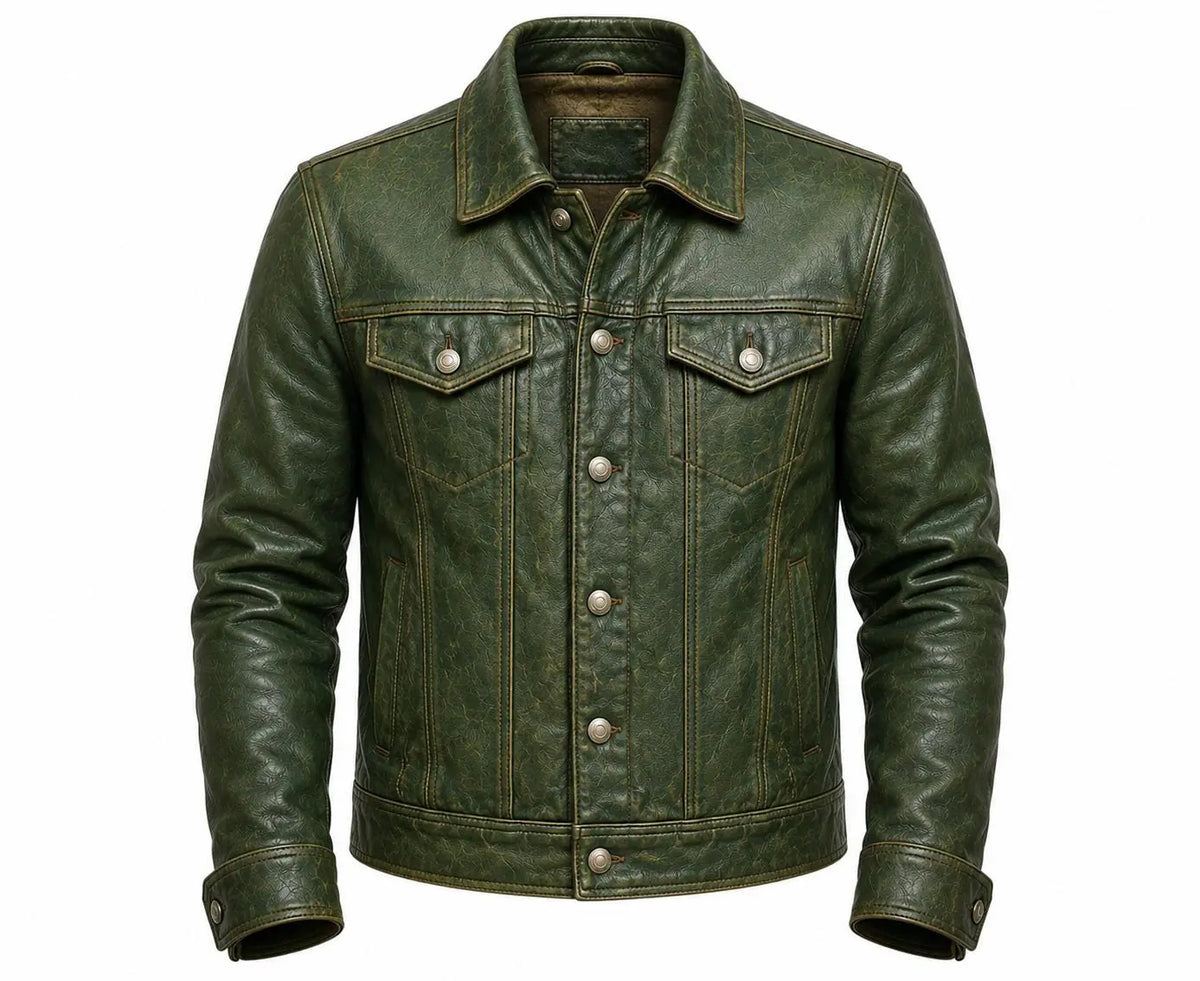Handmade Men's Vintage Green Leather Trucker Jacket, Genuine Sheepskin Biker Style Coat
