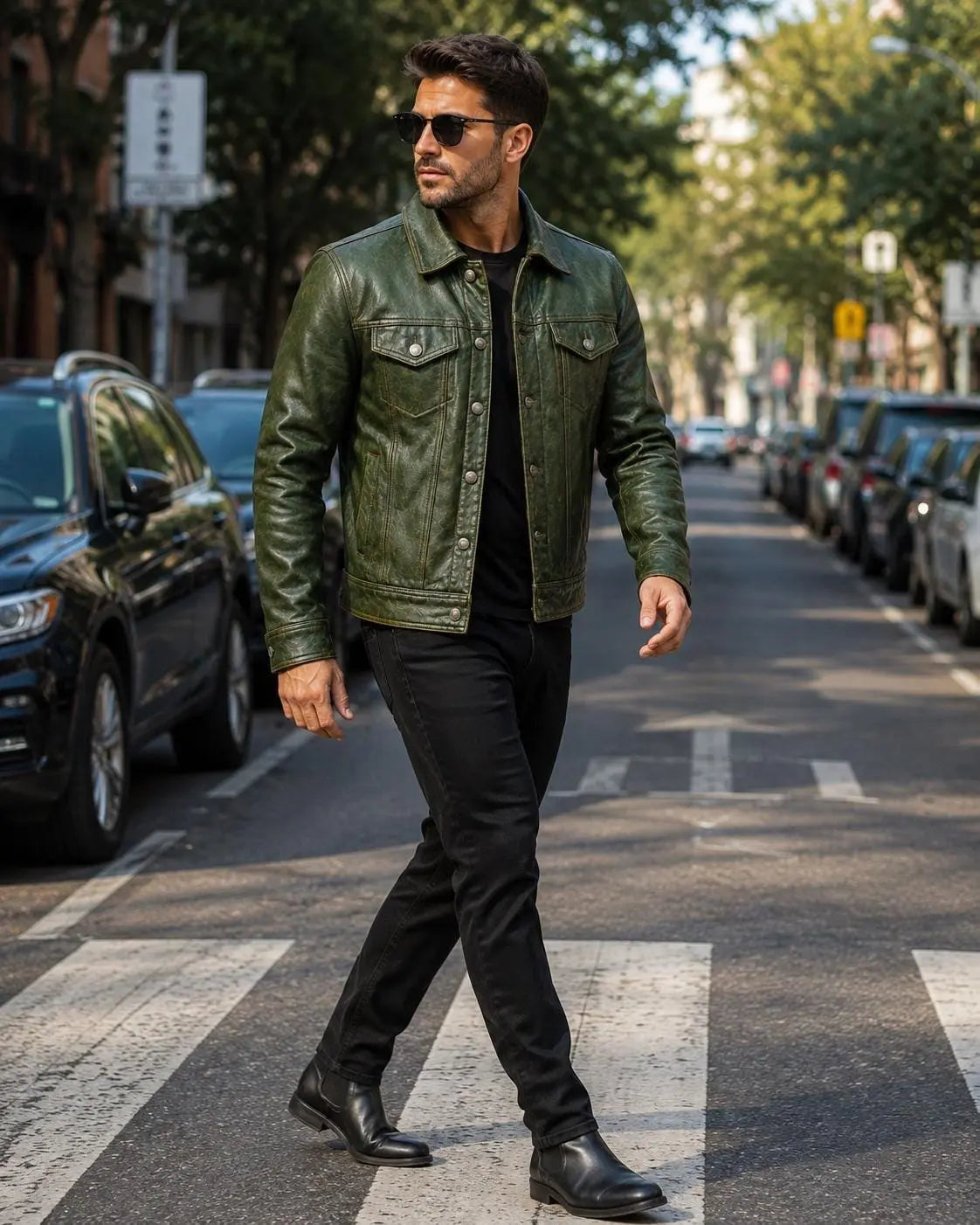 Handmade Men's Vintage Green Leather Trucker Jacket, Genuine Sheepskin Biker Style Coat