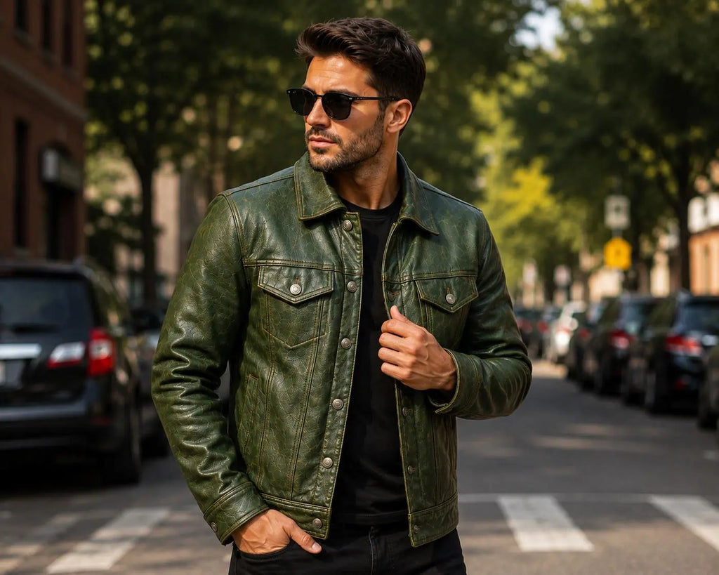 Handmade Men's Vintage Green Leather Trucker Jacket, Genuine Sheepskin Biker Style Coat