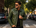 Handmade Men's Vintage Green Leather Trucker Jacket, Genuine Sheepskin Biker Style Coat