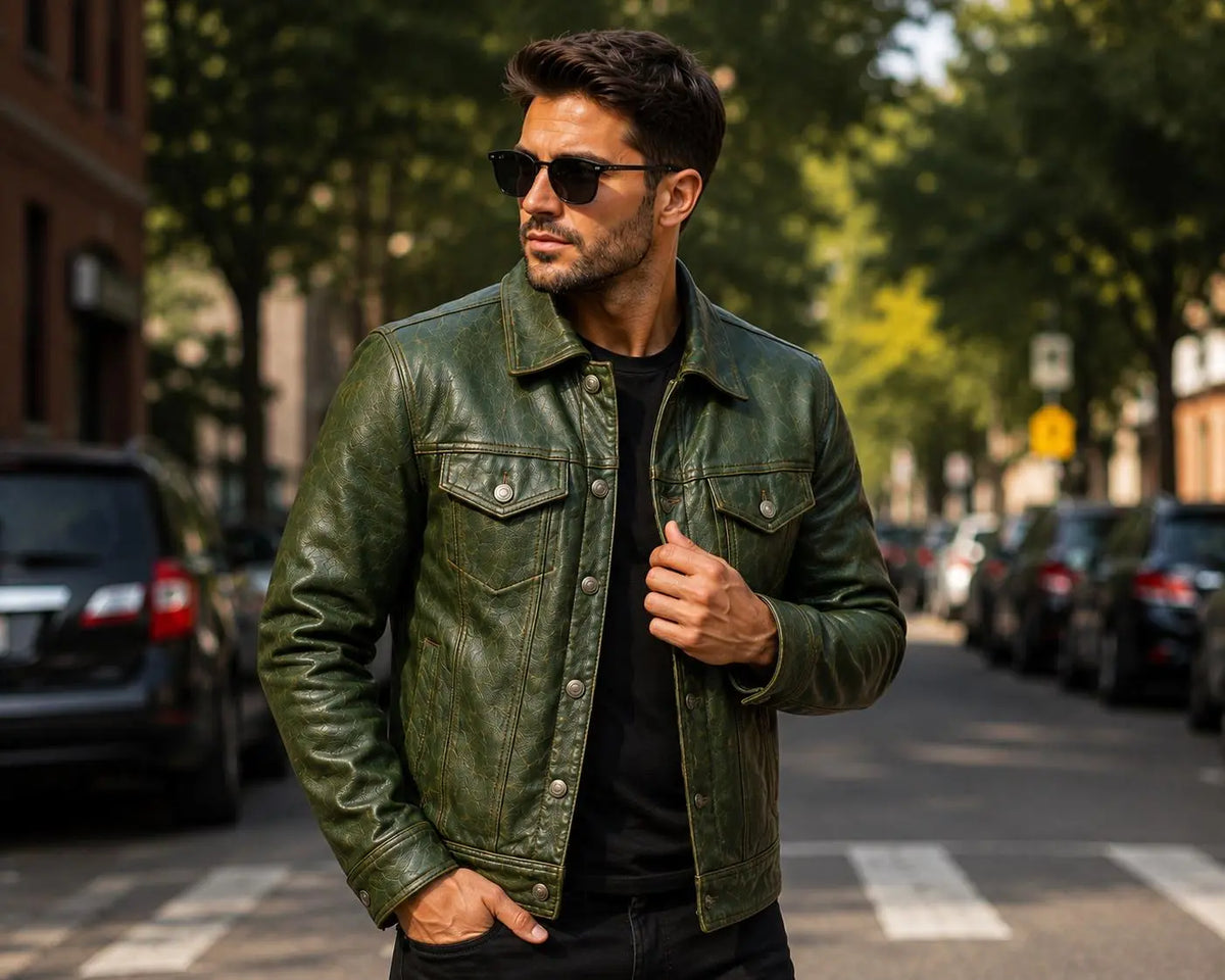 Handmade Men's Vintage Green Leather Trucker Jacket, Genuine Sheepskin Biker Style Coat
