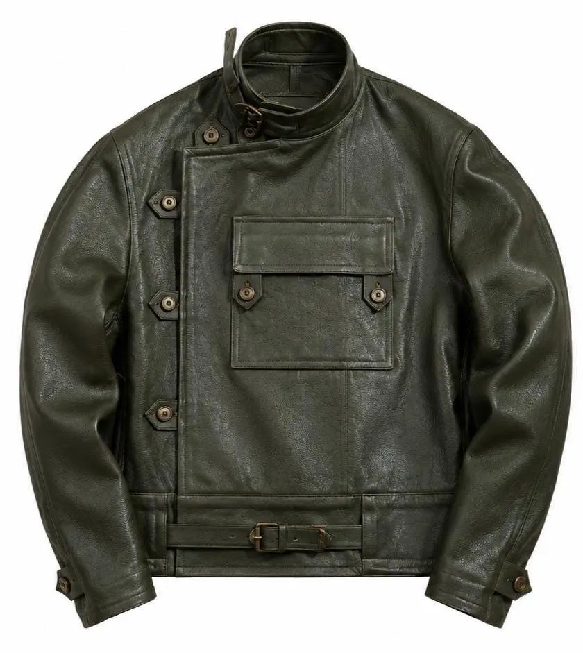 Handemade Men's Military Green Lambskin Leather Field Jacket