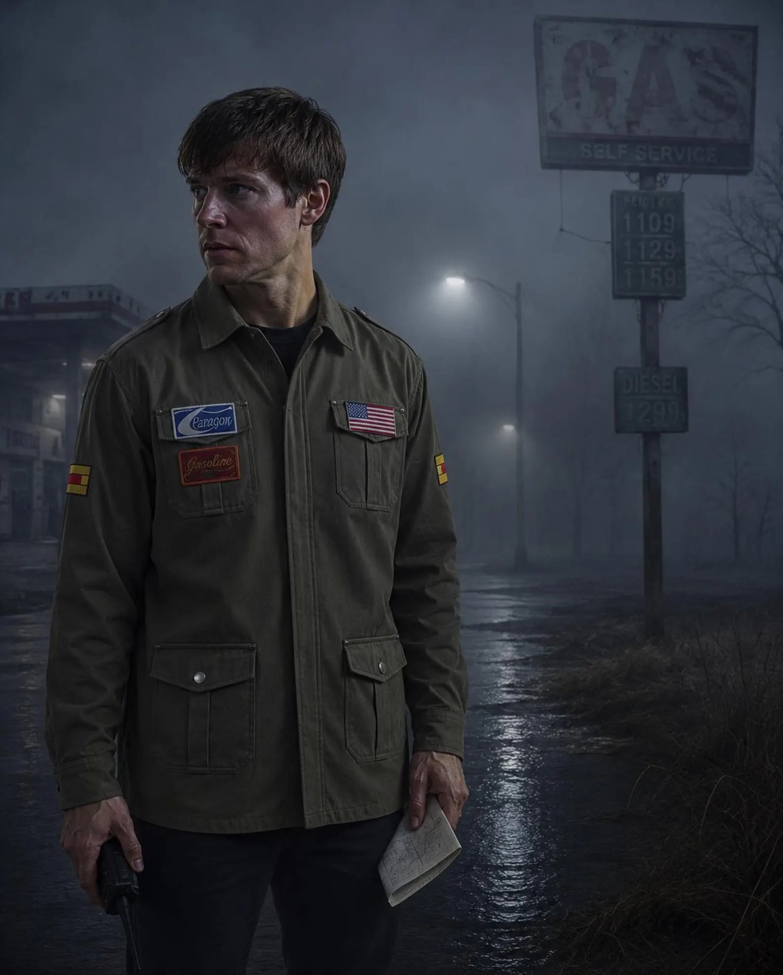A man wearing an olive green military-style field jacket with multiple patches stands in a foggy, dark outdoor setting at night. The jacket has a Ford logo patch on the left chest pocket and other utility patches on the front and sleeves.