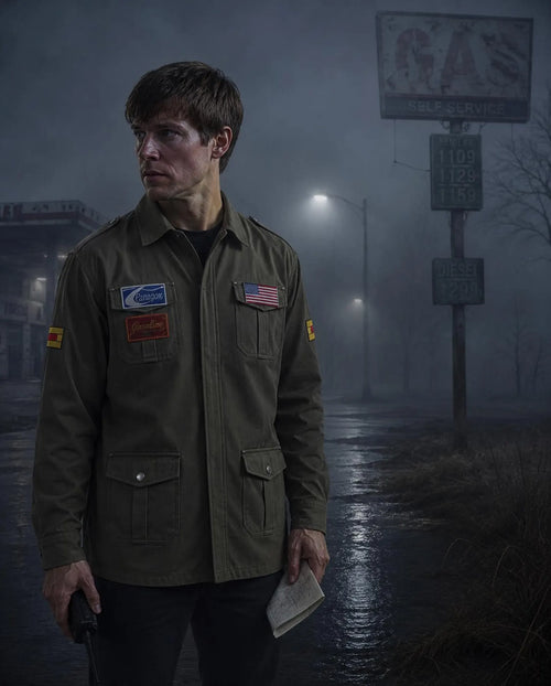 A man wearing an olive green military-style field jacket with multiple patches stands in a foggy, dark outdoor setting at night. The jacket has a Ford logo patch on the left chest pocket and other utility patches on the front and sleeves.