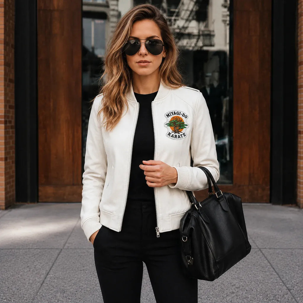 Woman wearing a white bomber jacket with a logo, black pants, and sunglasses, holding a black handbag on a city street.