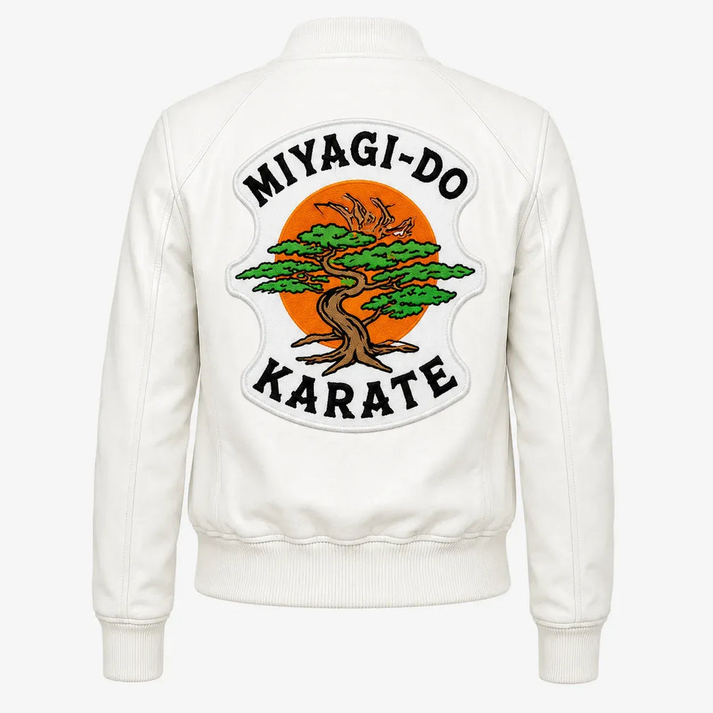White jacket with 'Miyagi-Do Karate' logo on the back against a white background