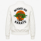 White jacket with 'Miyagi-Do Karate' logo on the back against a white background