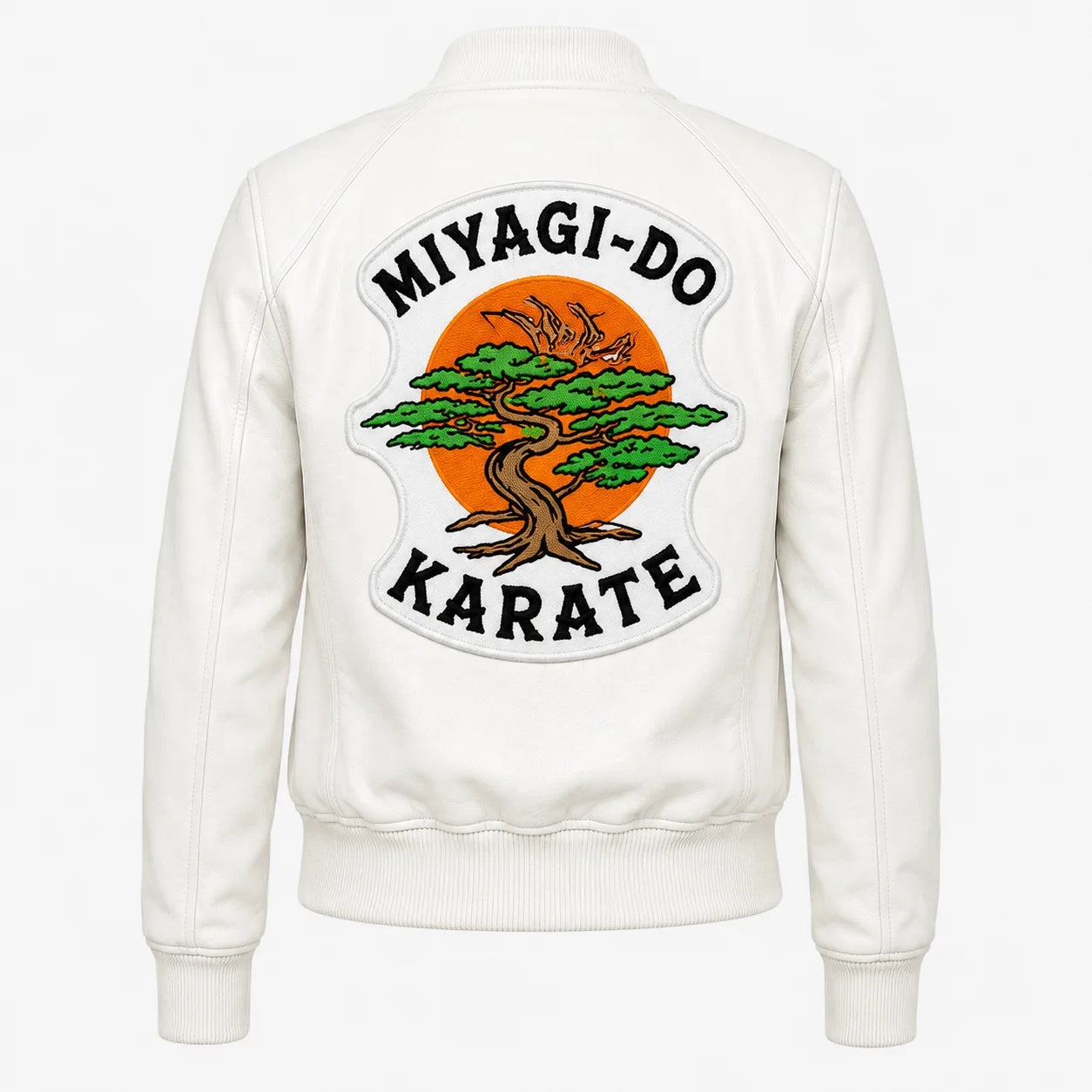 White jacket with 'Miyagi-Do Karate' logo on the back against a white background