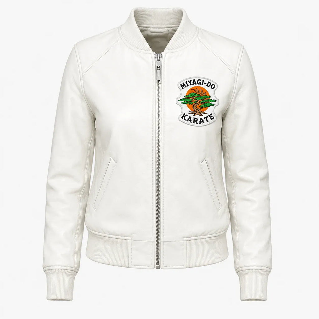 White jacket with Miyagi-Do Karate logo on a white background