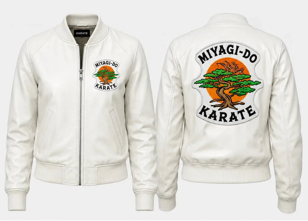 White jacket with Miyagi-Do Karate logo on front and back, featuring a tree and sun design.