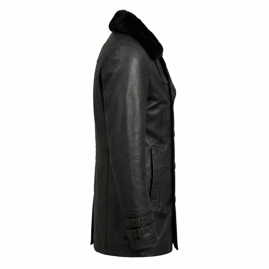 Leveljacket Leon S. Kennedy Black Leather Jacket — RE 9 Inspired Handcrafted Shearling Collar Coat