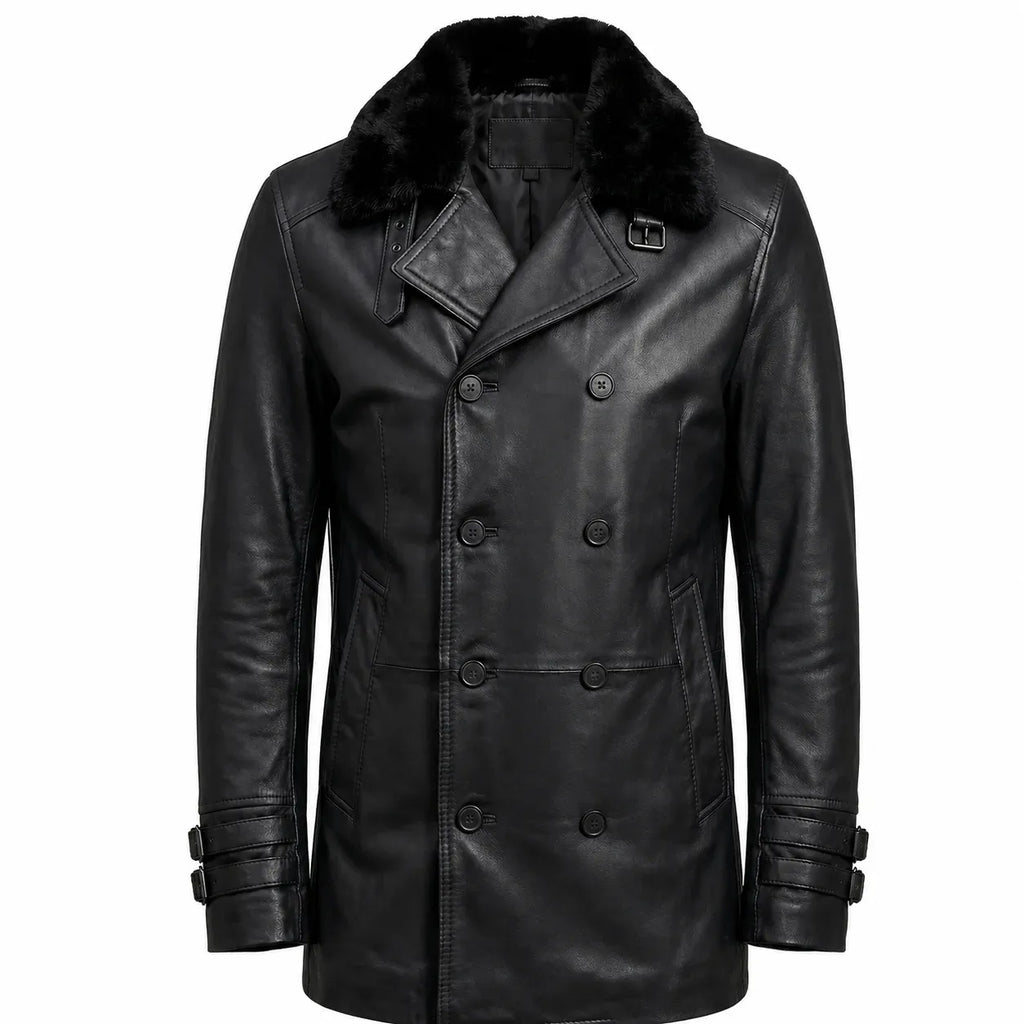 Leveljacket Leon S. Kennedy Black Leather Jacket — RE 9 Inspired Handcrafted Shearling Collar Coat