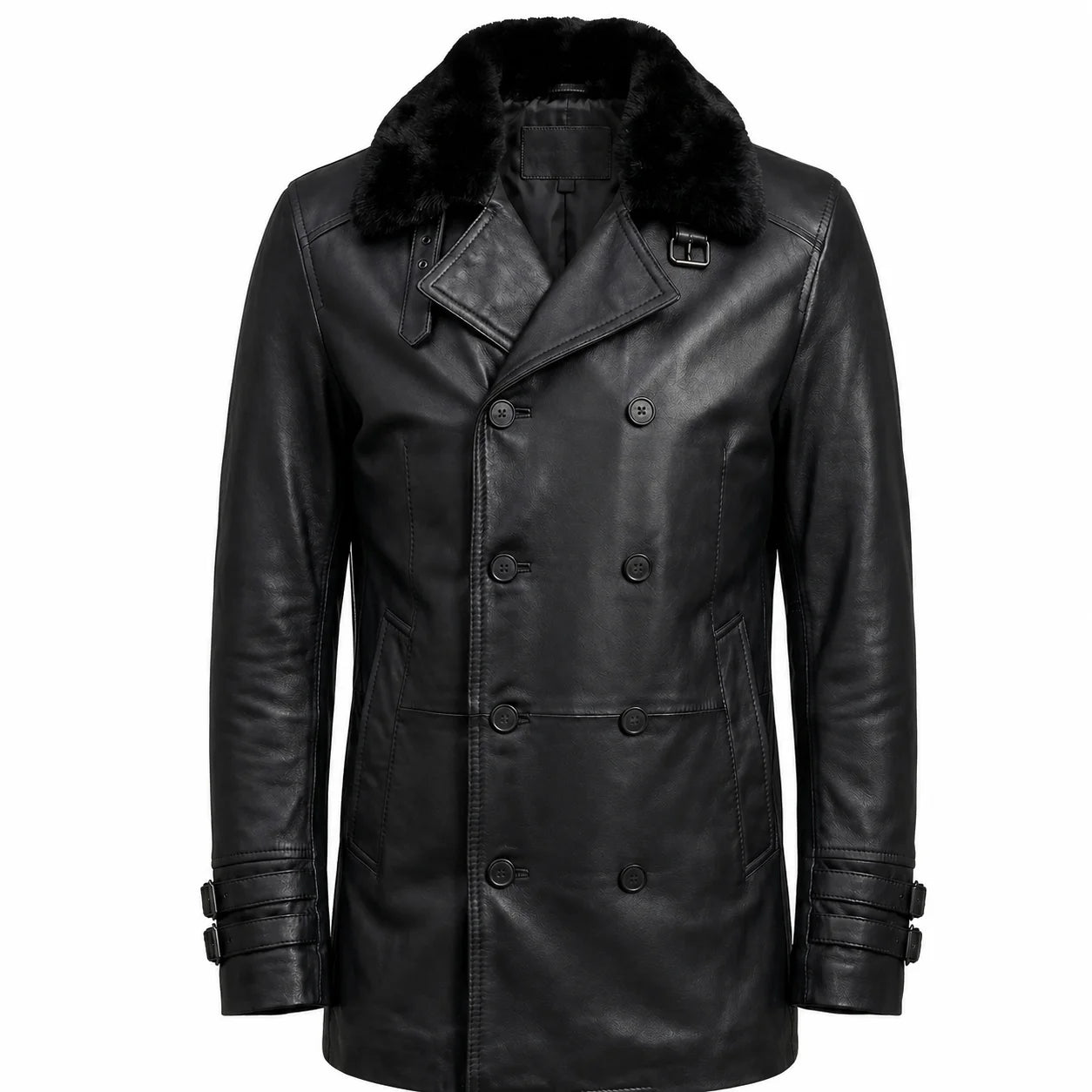 Leveljacket Leon S. Kennedy Black Leather Jacket — Resident Evil 9 Inspired Handcrafted Shearling Collar Coat