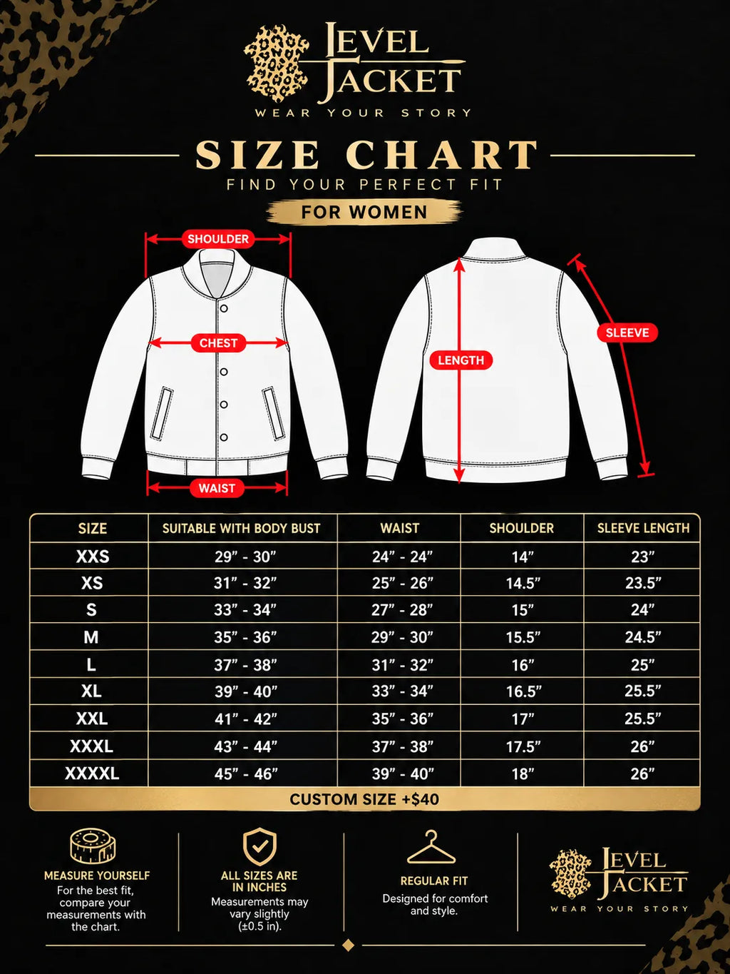 A women's size chart graphic for the Level Jacket, showing front and back jacket illustrations with red dimension labels for shoulder, chest, waist, length, and sleeve, plus a size table from XXS to XXXL with measurements on a black background with gold and white text.