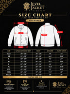 A women's size chart graphic for the Level Jacket, showing front and back jacket illustrations with red dimension labels for shoulder, chest, waist, length, and sleeve, plus a size table from XXS to XXXL with measurements on a black background with gold and white text.