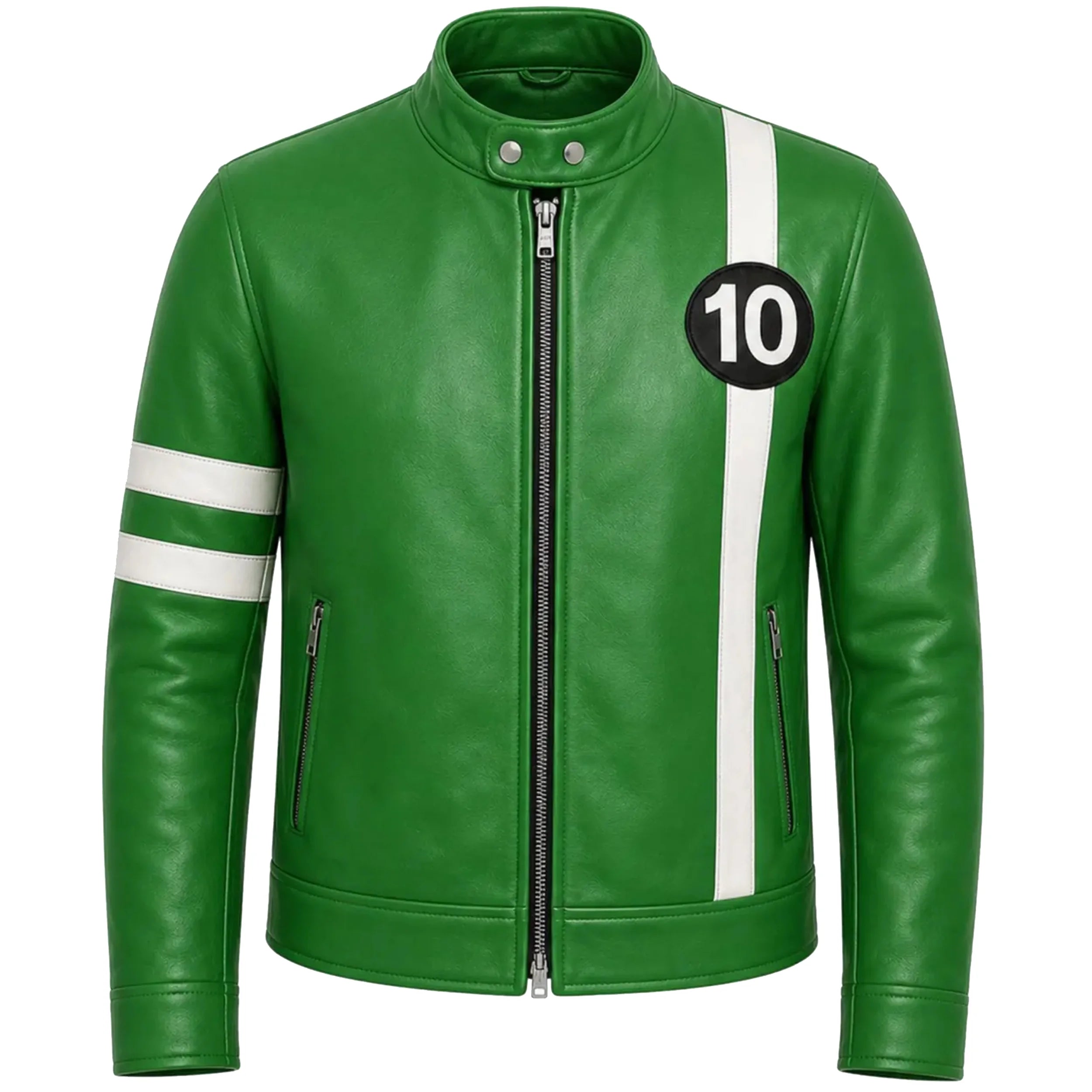 Front view of Leveljacket Hero 10 green leather biker jacket with a mandarin snap collar, vertical white chest stripe, and an authentic embroidered black and white '10' numeral patch.