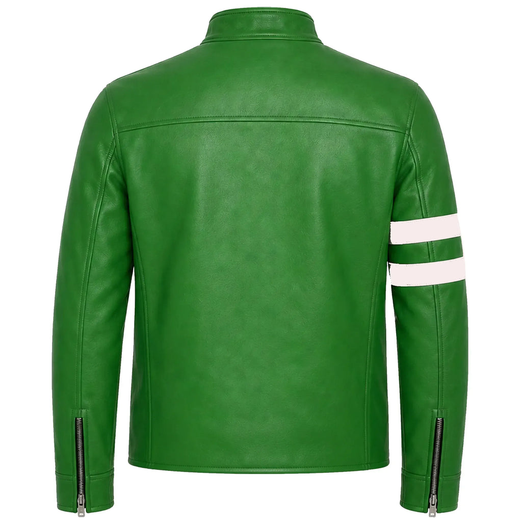 LevelJacket Ben10 Edition green leather jacket back view showing zippered cuffs and stitching
