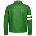 Back view of Leveljacket Hero 10 green leather jacket showcasing premium cowhide texture, clean shoulder panel stitching, and heavy-duty silver zipper details on the cuffs.