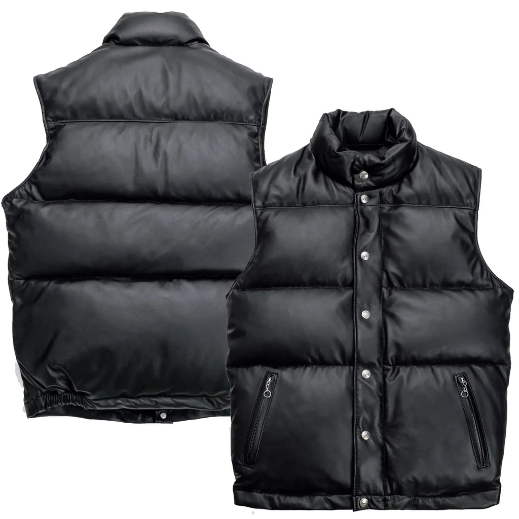 Front and back showcase of the Leveljacket Matte Black leather quilted puffer vest, detailing its wide horizontal thermal baffles, high insulated stand-up collar, front vertical zipper pockets, snap-button closure placket, and elasticated lower back hem.