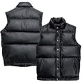 Front and back showcase of the Leveljacket Matte Black leather quilted puffer vest, detailing its wide horizontal thermal baffles, high insulated stand-up collar, front vertical zipper pockets, snap-button closure placket, and elasticated lower back hem.