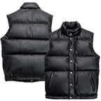 Front and back showcase of the Leveljacket Matte Black leather quilted puffer vest, detailing its wide horizontal thermal baffles, high insulated stand-up collar, front vertical zipper pockets, snap-button closure placket, and elasticated lower back hem.