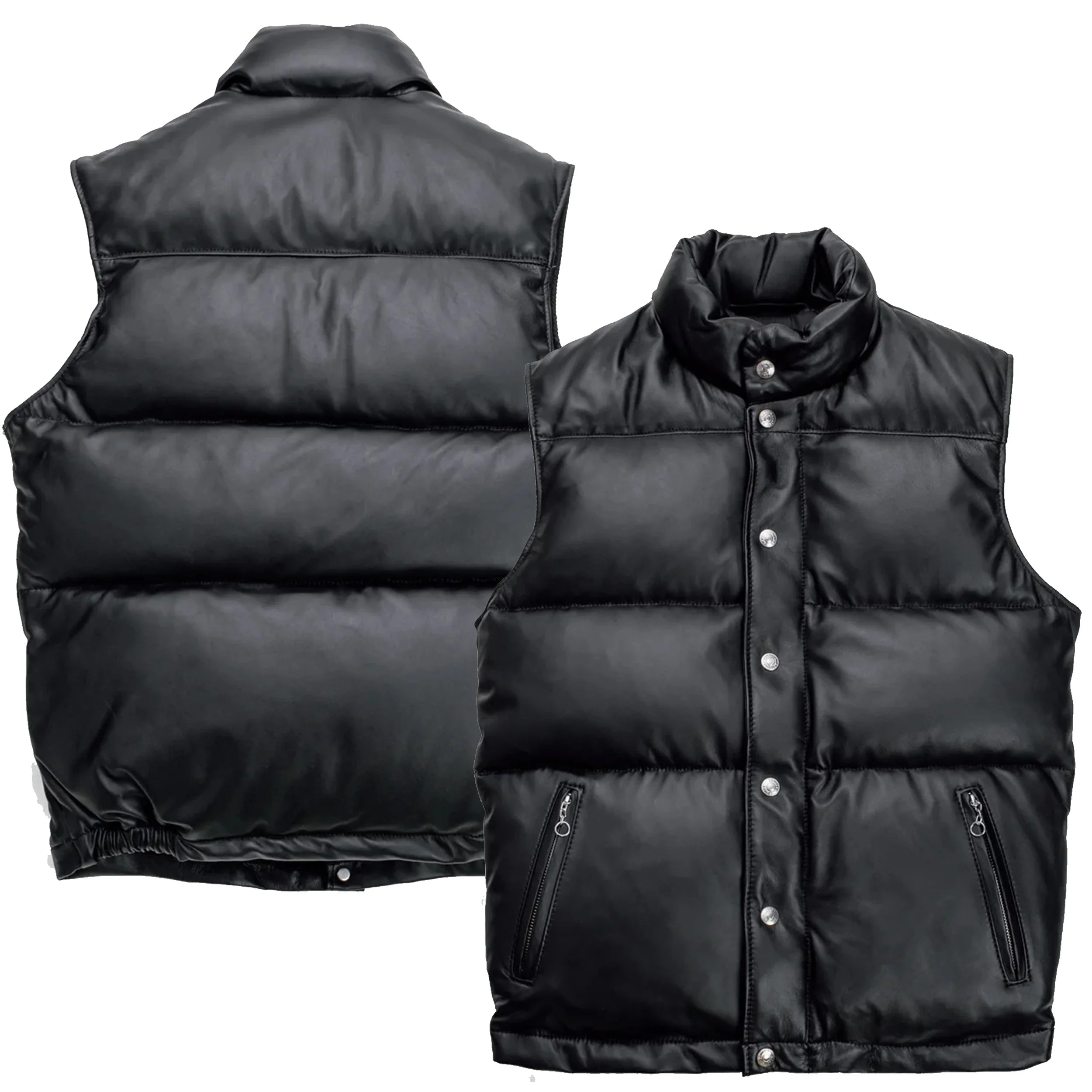 Front and back showcase of the Leveljacket Matte Black leather quilted puffer vest, detailing its wide horizontal thermal baffles, high insulated stand-up collar, front vertical zipper pockets, snap-button closure placket, and elasticated lower back hem.