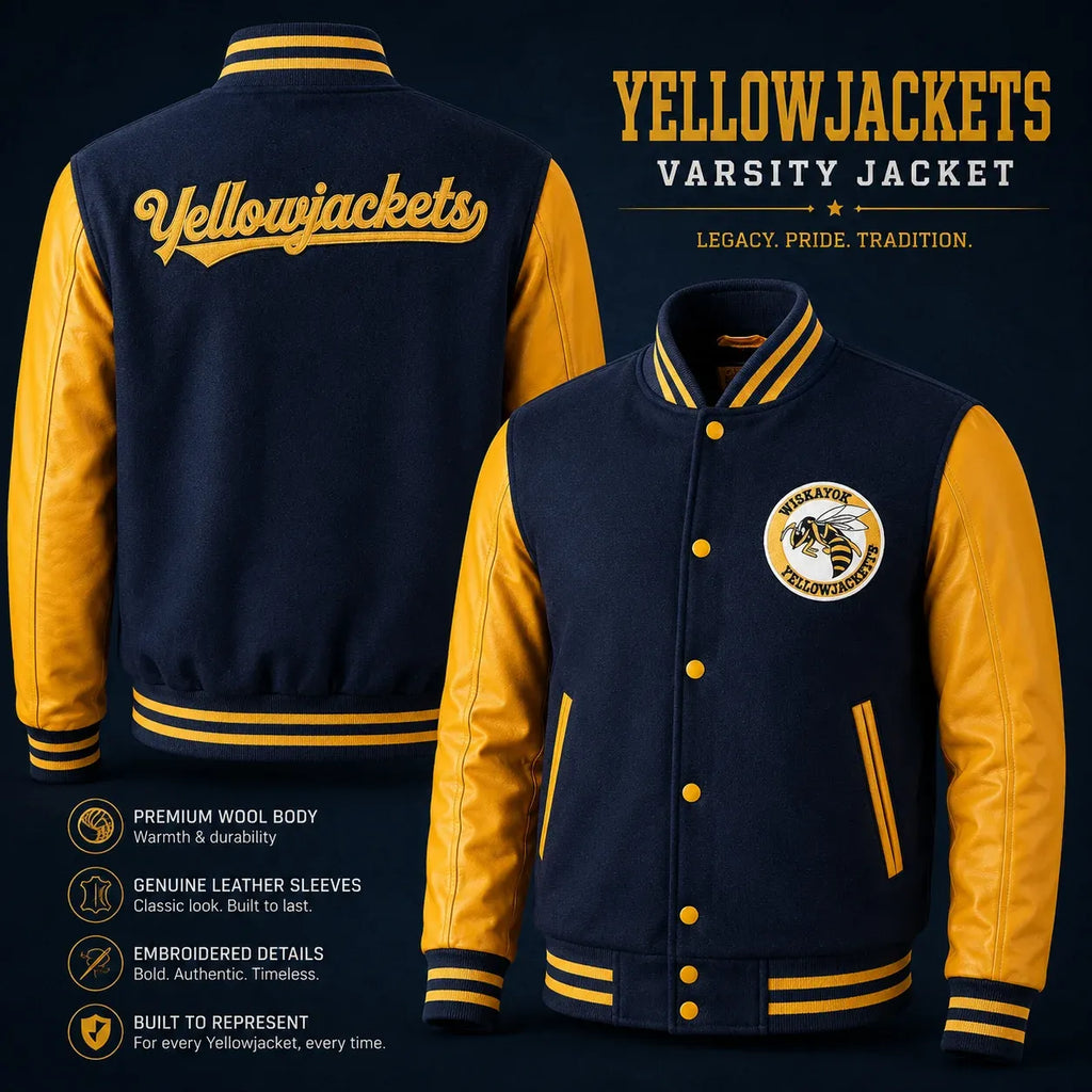 Navy and yellow varsity jacket with 'Yellowjackets' text on a dark background