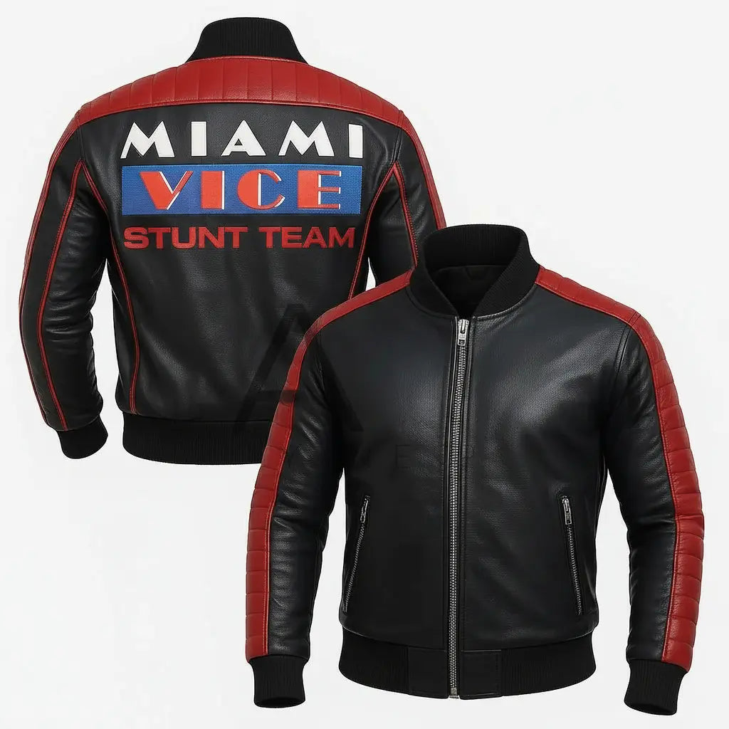 Miami Vice inspired black and red genuine leather bomber jacket by Leveljacket with quilted red panels and DTF back detail