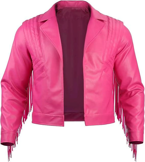 Pink leather jacket with fringe details on a white background