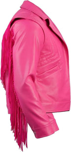 Pink leather jacket with fringe details on a white background
