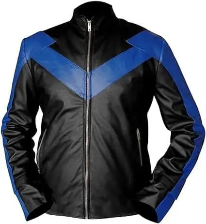 Front catalog views of the Leveljacket Nightwing black leather jacket showcasing a prominent electric blue V-shaped bird emblem across the chest and back shoulders, zippered cuffs, a stand-up collar, and a unique square-quilted lower back panel.