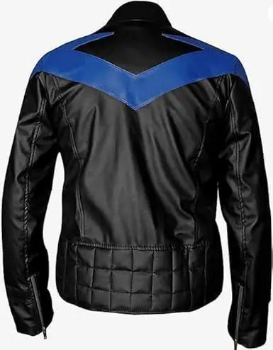 back catalog views of the Leveljacket Nightwing black leather jacket showcasing a prominent electric blue V-shaped bird emblem across the chest and back shoulders, zippered cuffs, a stand-up collar, and a unique square-quilted lower back panel.