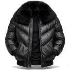 DUAZAN Black Arrows Fur Collar Leather Puffer Jacket Duazan