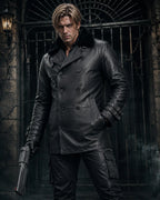 leon S kennedy wearing a black leather double-breasted coat with a dark fur collar, standing in front of a dark wrought-iron gate and stone wall while holding a handgun.