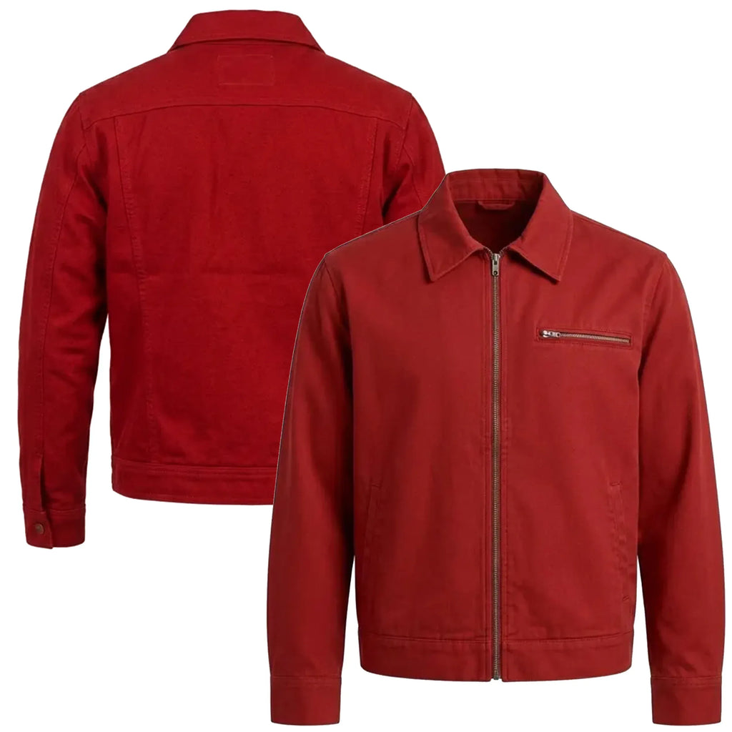 Front and back view of the Leveljacket Crimson Red cotton utility jacket showcasing a pointed turn-down collar, metallic front zipper, a horizontal zippered left chest pocket, and a clean minimalist back panel design.