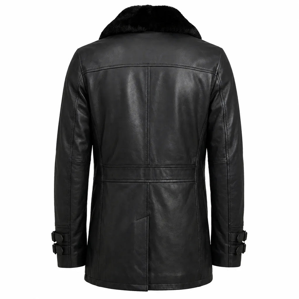 Leveljacket Leon S. Kennedy Black Leather Jacket — RE 9 Inspired Handcrafted Shearling Collar Coat