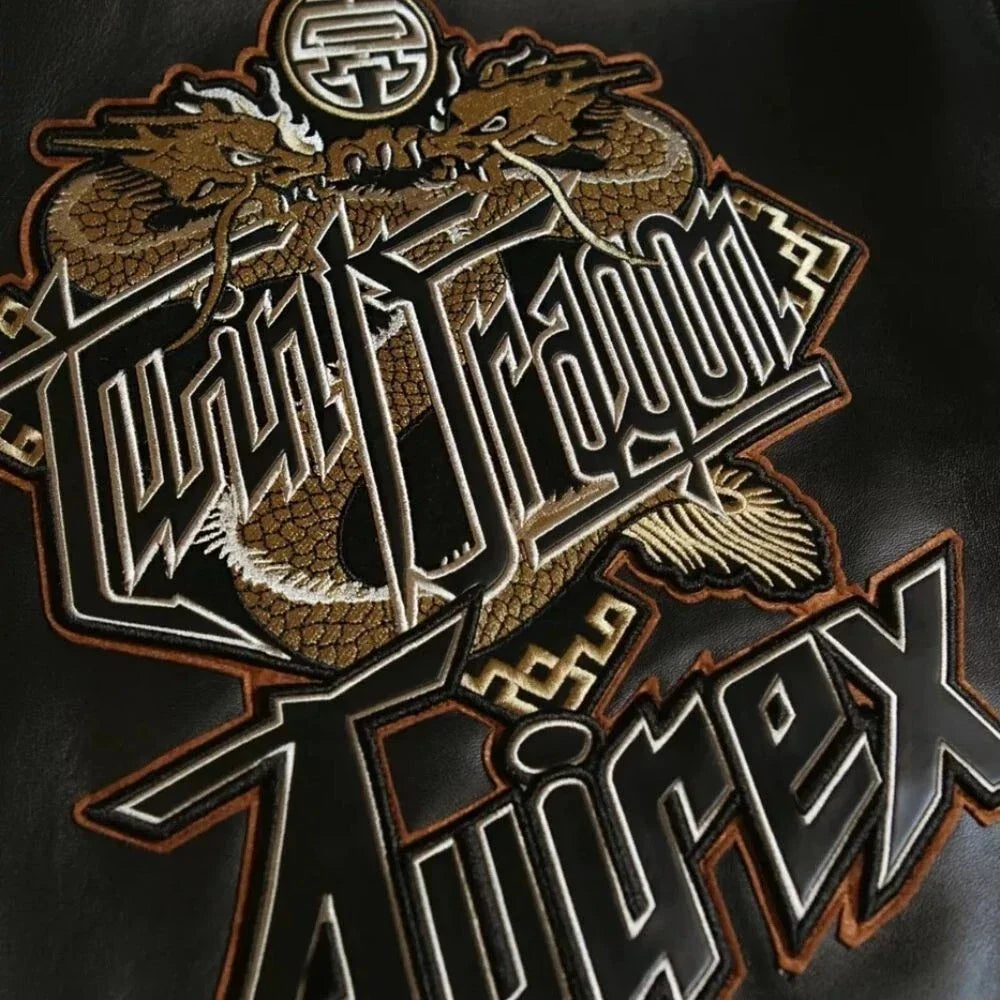 Men's Black Leather Varsity Jacket — Avirex Inspired Dragon Embroidered Bomber Jacket | Leveljacket - Leveljacket