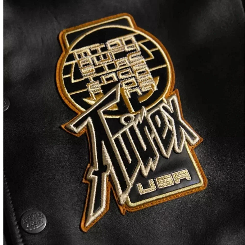 Men's Black Leather Varsity Jacket — Avirex Inspired Dragon Embroidered Bomber Jacket | Leveljacket