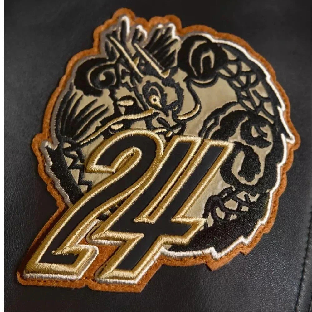 Men's Black Leather Varsity Jacket — Avirex Inspired Dragon Embroidered Bomber Jacket | Leveljacket