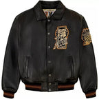 Men's Black Leather Varsity Jacket — Avirex Inspired Dragon Embroidered Bomber Jacket | Leveljacket - Leveljacket