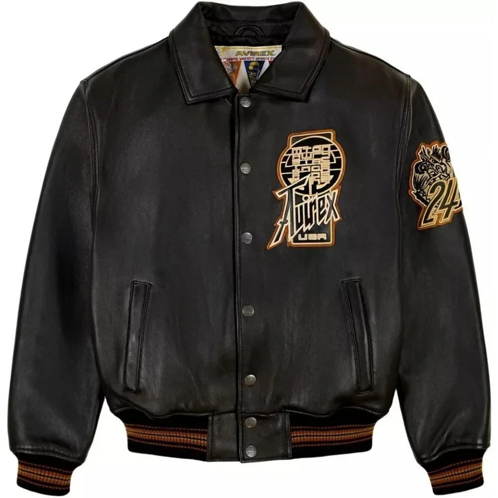 Men's Black Leather Varsity Jacket — Avirex Inspired Dragon Embroidered Bomber Jacket | Leveljacket