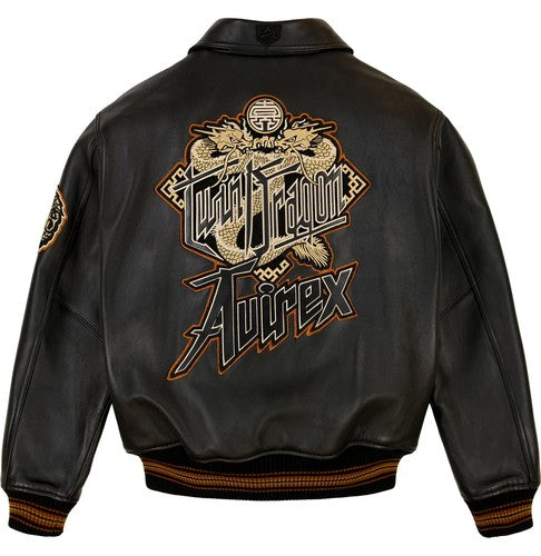 Men's Black Leather Varsity Jacket — Avirex Inspired Dragon Embroidered Bomber Jacket | Leveljacket