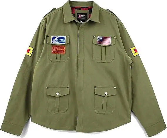 james jacket A promotional graphic for the Leveljacket Silent Hill 2 James Jacket showcasing a model wearing the green cotton field coat on the left, a back view panel on the upper right, and close-up panels of the game-accurate embroidered American flag, text patches, and yellow-red sleeve stripes on the lower right.