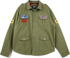 james jacket A promotional graphic for the Leveljacket Silent Hill 2 James Jacket showcasing a model wearing the green cotton field coat on the left, a back view panel on the upper right, and close-up panels of the game-accurate embroidered American flag, text patches, and yellow-red sleeve stripes on the lower right.