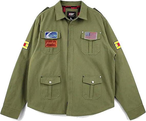 james jacket A promotional graphic for the Leveljacket Silent Hill 2 James Jacket showcasing a model wearing the green cotton field coat on the left, a back view panel on the upper right, and close-up panels of the game-accurate embroidered American flag, text patches, and yellow-red sleeve stripes on the lower right.