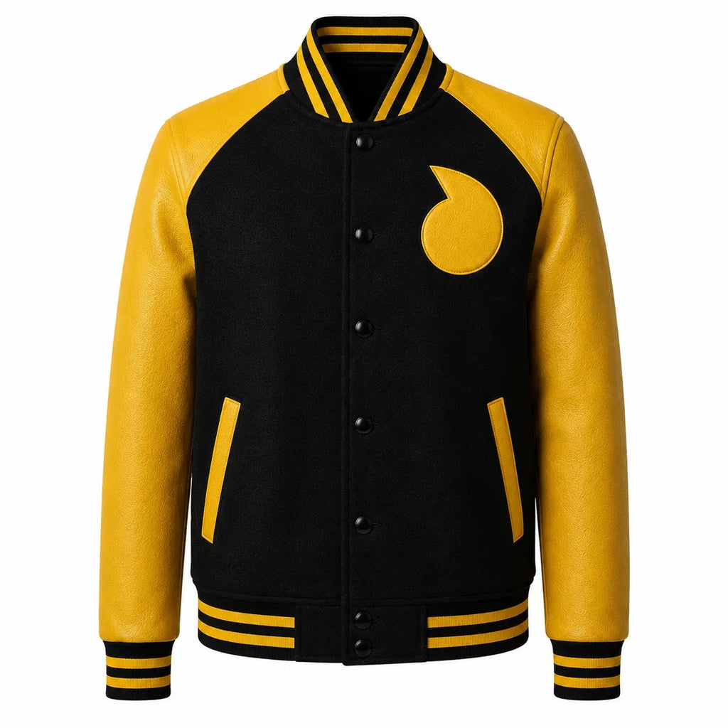 Black and yellow varsity jacket with a moon emblem on a white background
