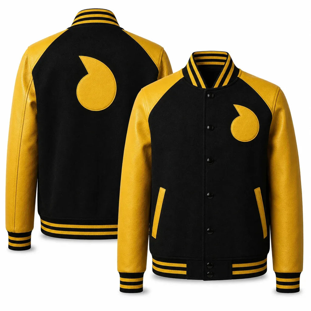 Black and yellow varsity jacket with a logo on the back, shown from front and back views.